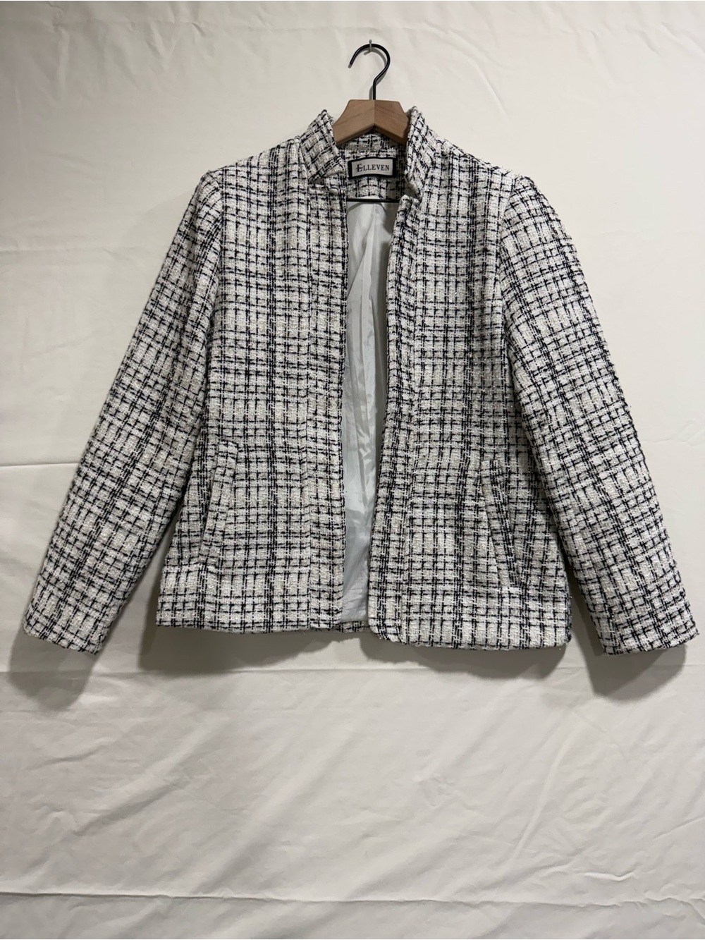 Elleven Black White Metallic Tweed Boucle Jacket Open Front Blazer